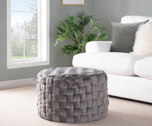 English Elm Braided Round Velvet Ottoman 24" by LumiSource — Stylish Braided Design, Foam-Padded Multiuse Seat Grey B116135820