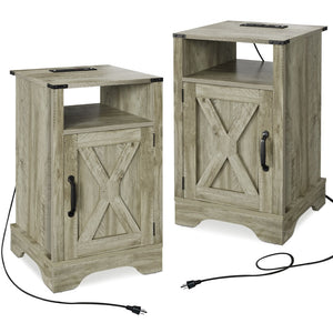 English Elm Farmhouse Rustic Nightstand Set of 2 with Built-in Charging Station and Open Display Shelf Light Grey B082134939