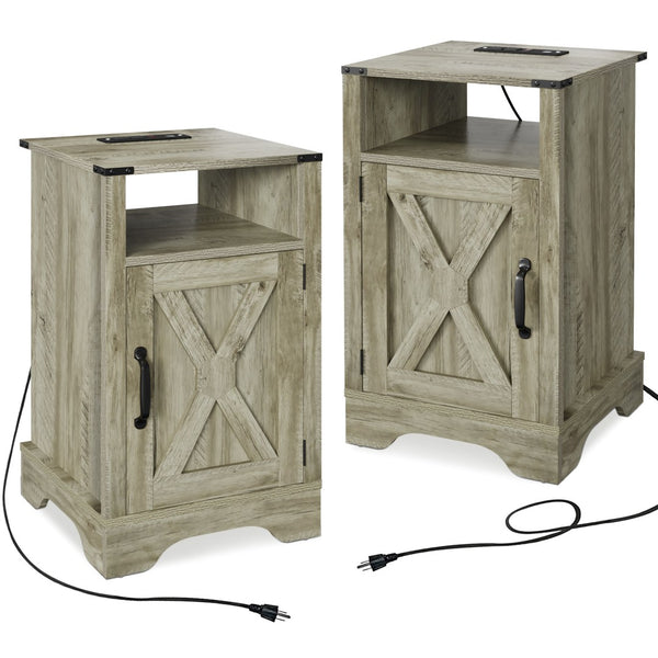 English Elm Farmhouse Rustic Nightstand Set of 2 with Built-in Charging Station and Open Display Shelf Light Grey B082134939