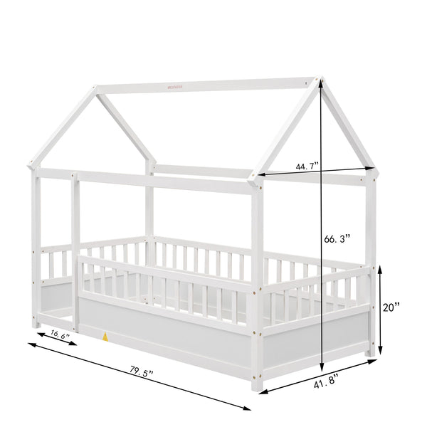 English Elm Twin House Frame Floor Bed with 20" High Fence, Solid Pine Roof, Spacious Entrance for Kids Safety White W1858123984