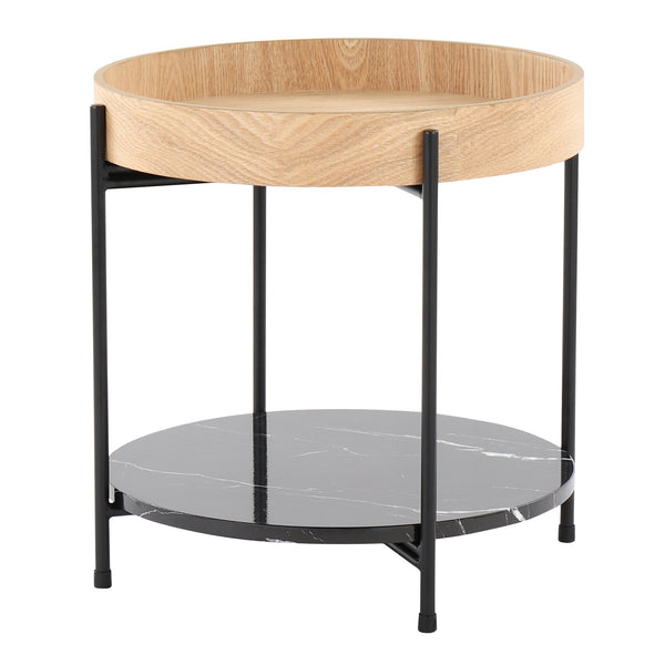 English Elm Daniella Round End Table – Contemporary Black Metal Frame, Natural Wood Top & Faux Black Marble Shelf (19") B116135841