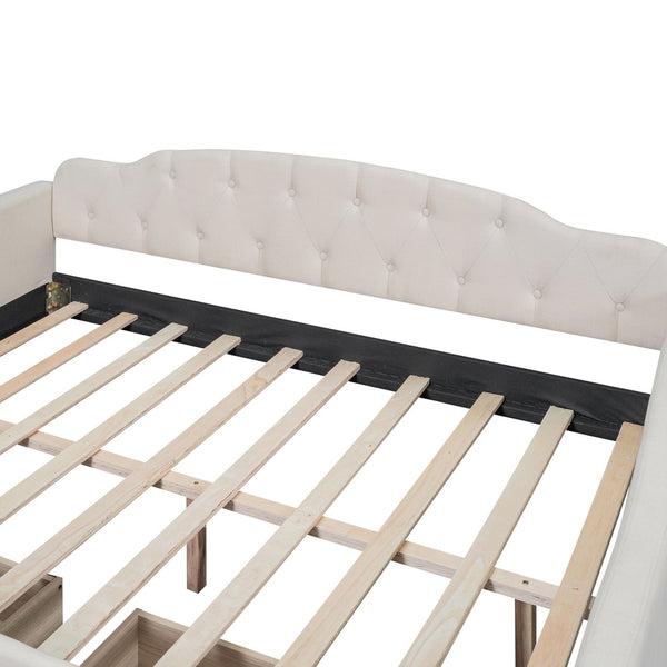 English Elm Full Full Size Upholstered Tufted Daybed with Drawers, Beige Linen, Wingback Glam Design, 400lb Capacity GX001326AAA