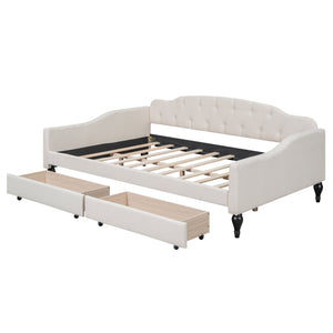 English Elm Full Full Size Upholstered Tufted Daybed with Drawers, Beige Linen, Wingback Glam Design, 400lb Capacity GX001326AAA