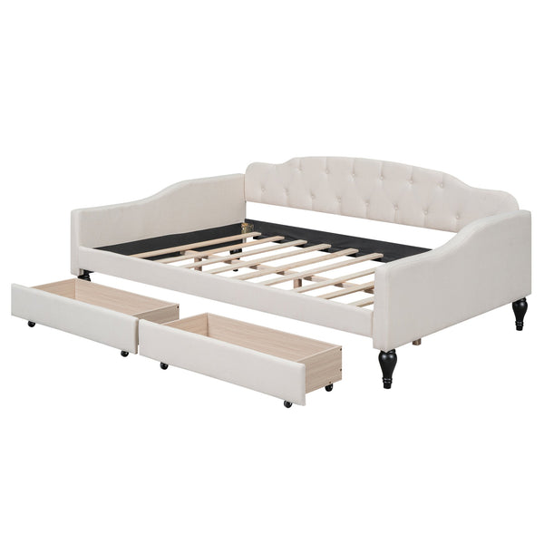 English Elm Full Full Size Upholstered Tufted Daybed with Drawers, Beige Linen, Wingback Glam Design, 400lb Capacity GX001326AAA