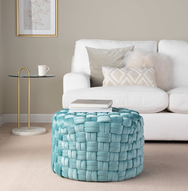 English Elm Braided Round Velvet Ottoman 24" by LumiSource — Stylish Braided Design, Foam-Padded Multiuse Seat Blue B116135821