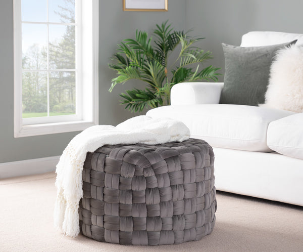 English Elm Braided Round Velvet Ottoman 24" by LumiSource — Stylish Braided Design, Foam-Padded Multiuse Seat Grey B116135820
