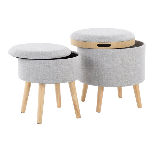 English Elm Tray Contemporary Storage Ottoman with Matching Stool Light Fabric Upholstery Removable Lids Natural Wood Tray Durable Compact Seating and Hidden Storage Grey B116135830