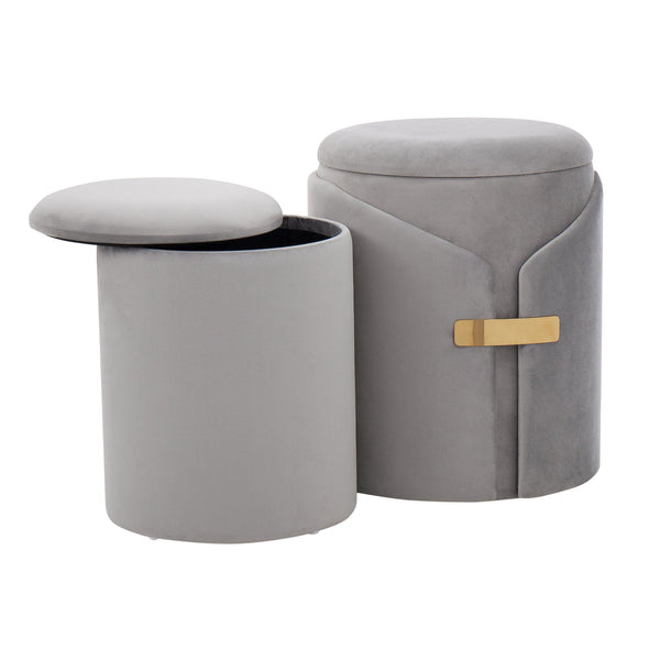 English Elm Dahlia Velvet Nesting Ottoman Set with Gold Accent — Glam Contemporary Duo, Removable Lid, Stylish Upholstery Silver B116135788
