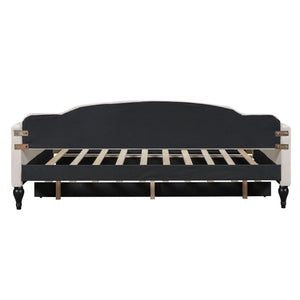 English Elm Full Full Size Upholstered Tufted Daybed with Twin Trundle, Beige Linen, Wingback Design, Durable Frame, Glamorous Accent Piece GX001327AAA