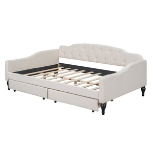 English Elm Full Full Size Upholstered Tufted Daybed with Drawers, Beige Linen, Wingback Glam Design, 400lb Capacity GX001326AAA
