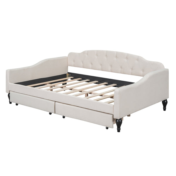 English Elm Full Full Size Upholstered Tufted Daybed with Drawers, Beige Linen, Wingback Glam Design, 400lb Capacity GX001326AAA