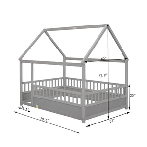 English Elm Full House Frame Floor Bed with Roof & High Fence Guardrails, Solid Pine/Plywood, Safe Spacious Design Grey W1858123988