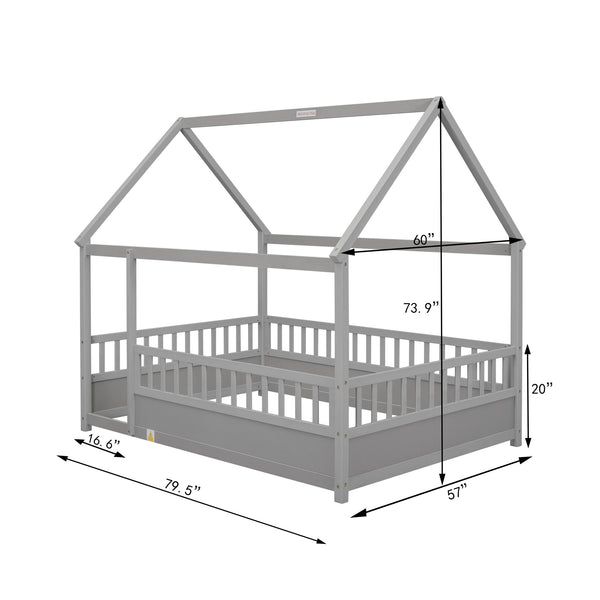 English Elm Full House Frame Floor Bed with Roof & High Fence Guardrails, Solid Pine/Plywood, Safe Spacious Design Grey W1858123988