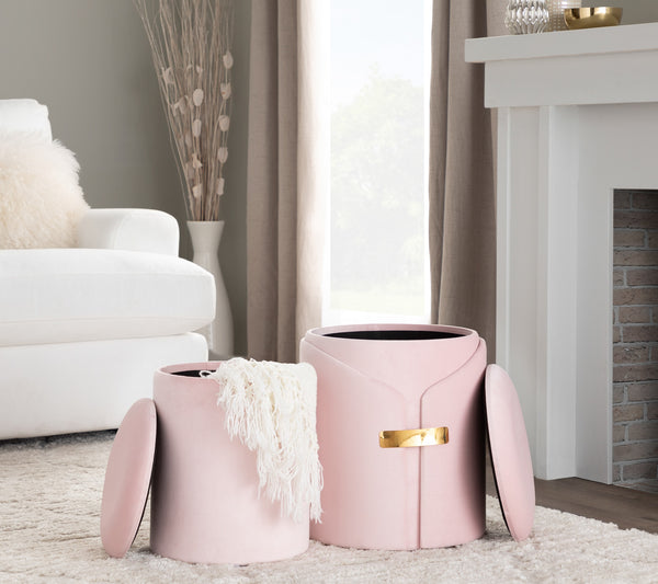 English Elm Dahlia Velvet Nesting Ottoman Set with Gold Accent — Glam Contemporary Duo, Removable Lid, Stylish Upholstery Pink B116135787