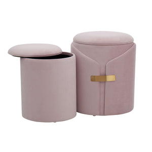 English Elm Dahlia Velvet Nesting Ottoman Set with Gold Accent — Glam Contemporary Duo, Removable Lid, Stylish Upholstery Pink B116135787