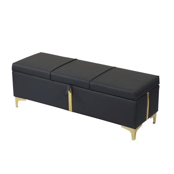 English Elm 2-Pieces Queen Upholstered Platform Bed with Hydraulic Lift and Spacious Storage Ottoman, Elegant Gold Trim Black 50 L x 16 W x 13 H N733S207778B