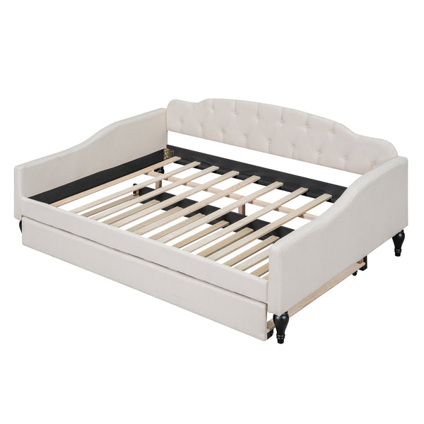 English Elm Full Full Size Upholstered Tufted Daybed with Twin Trundle, Beige Linen, Wingback Design, Durable Frame, Glamorous Accent Piece GX001327AAA