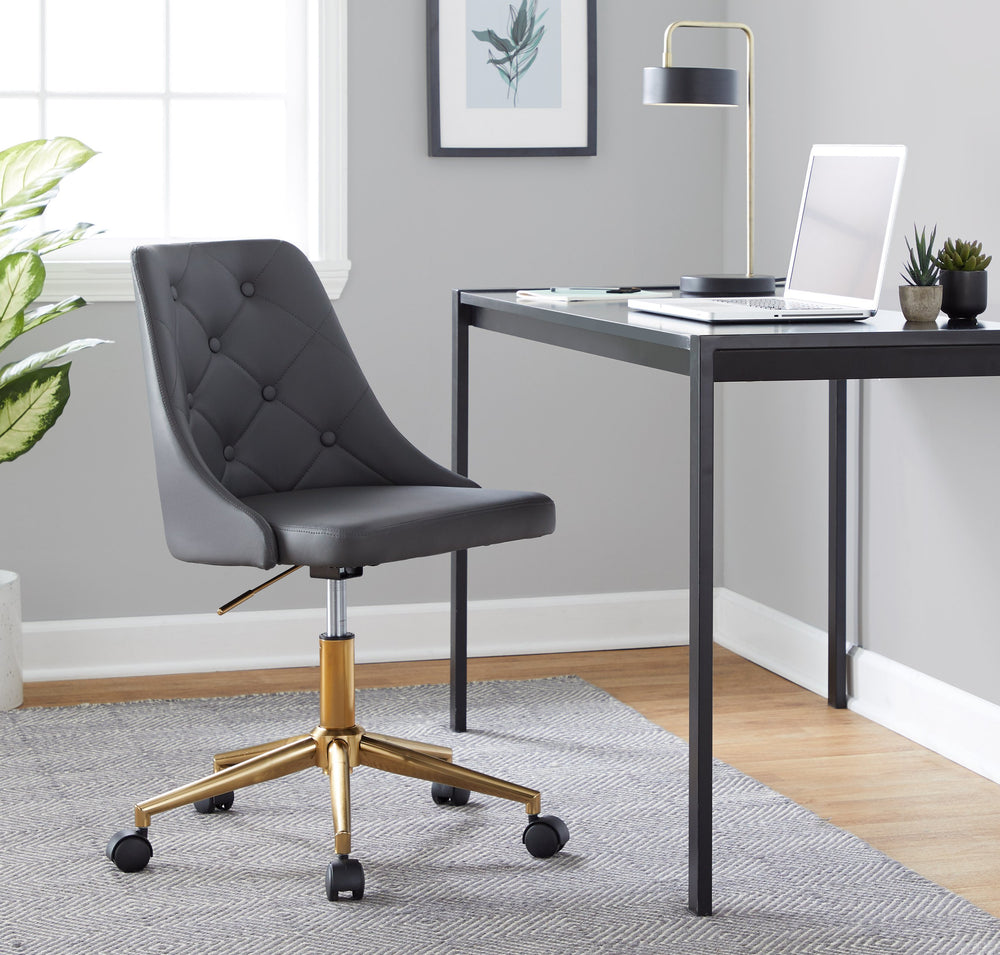 English Elm Marche Modern Swivel Task Chair In Grey Faux Leather With Gold Base & Smooth Casters For Home Office B116135734