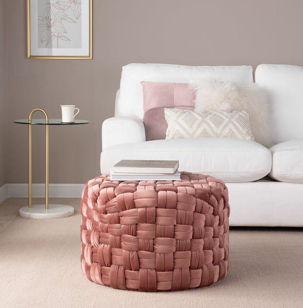 English Elm Braided Round 24" Ottoman In Luxurious Blush Pink Velvet - Chic Multi-Purpose Accent For Any Space B116135822