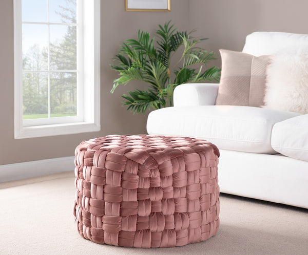 English Elm Braided Round 24" Ottoman In Luxurious Blush Pink Velvet - Chic Multi-Purpose Accent For Any Space B116135822