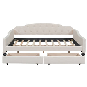 English Elm Full Full Size Upholstered Tufted Daybed with Drawers, Beige Linen, Wingback Glam Design, 400lb Capacity GX001326AAA