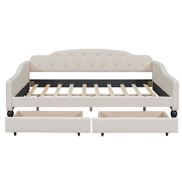 English Elm Full Full Size Upholstered Tufted Daybed with Drawers, Beige Linen, Wingback Glam Design, 400lb Capacity GX001326AAA