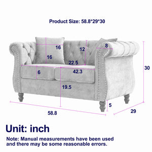 English Elm 58.8" Chesterfield Sofa Velvet 2-Seater Tufted Couch with Rolled Arms, Nailhead Trim, Solid Wood Feet Black W834S00509