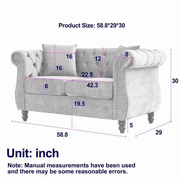 English Elm 58.8" Velvet Chesterfield Sofa Tufted Button Back Nailhead Trim Two Seat Beige W834S00575