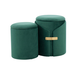 English Elm Dahlia Velvet Nesting Ottoman Set with Gold Accent — Glam Contemporary Duo, Removable Lid, Stylish Upholstery Green B116135786