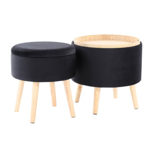 English Elm Tray Contemporary Storage Ottoman with Matching Stool Light Fabric Upholstery Removable Lids Natural Wood Tray Durable Compact Seating and Hidden Storage Black B116135833