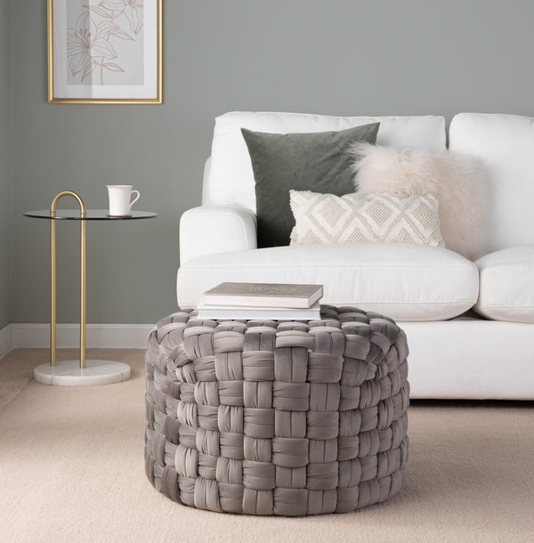 English Elm Braided Round Velvet Ottoman 24" by LumiSource — Stylish Braided Design, Foam-Padded Multiuse Seat Grey B116135820