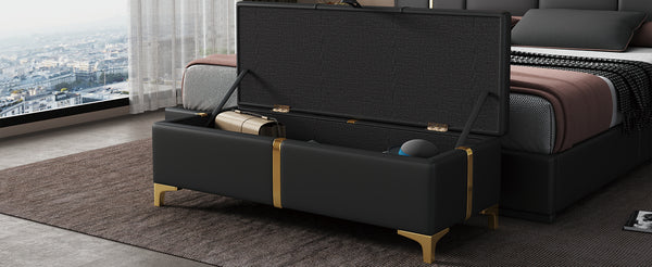 English Elm Elegant Upholstered Storage Ottoman Bench with Metal Legs - Plush Velvet Seat, Hidden Compartment, Modern Entryway Appeal Black 50 L x 16 W x 13 H N733P207788B