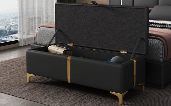 English Elm Elegant Upholstered Storage Ottoman Bench with Metal Legs - Plush Velvet Seat, Hidden Compartment, Modern Entryway Appeal Black 50 L x 16 W x 13 H N733P207788B