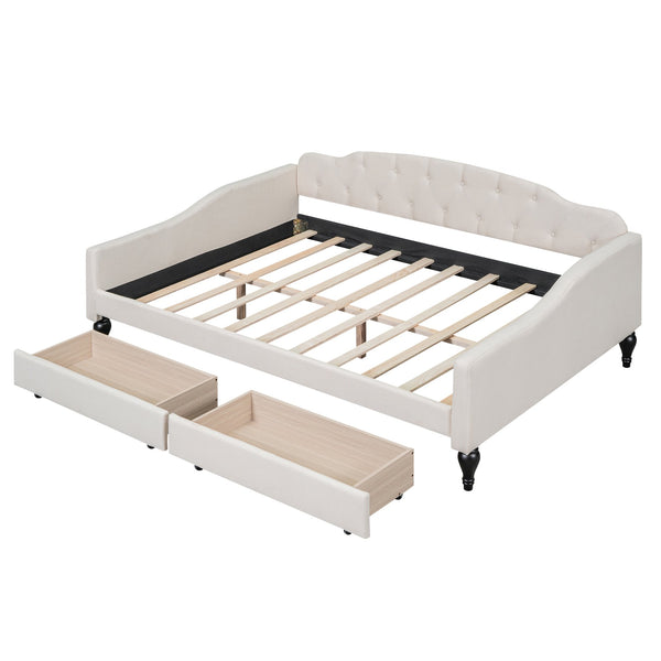 English Elm Full Full Size Upholstered Tufted Daybed with Drawers, Beige Linen, Wingback Glam Design, 400lb Capacity GX001326AAA