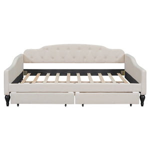 English Elm Full Full Size Upholstered Tufted Daybed with Drawers, Beige Linen, Wingback Glam Design, 400lb Capacity GX001326AAA