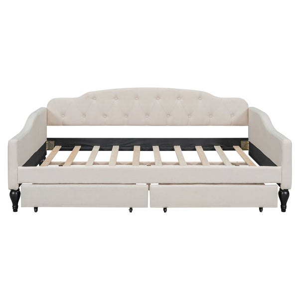 English Elm Full Full Size Upholstered Tufted Daybed with Drawers, Beige Linen, Wingback Glam Design, 400lb Capacity GX001326AAA