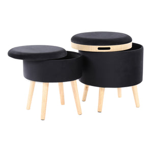 English Elm Tray Contemporary Storage Ottoman with Matching Stool Light Fabric Upholstery Removable Lids Natural Wood Tray Durable Compact Seating and Hidden Storage Black B116135833