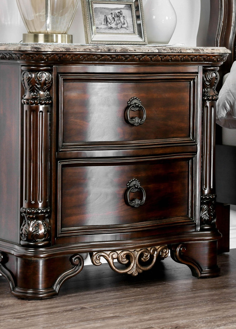 English Elm 1pc Nightstand Elegant Brown Cherry Solid Wood 2-Drawer Traditional Marble Top Felt-Lined Drawer B011135533