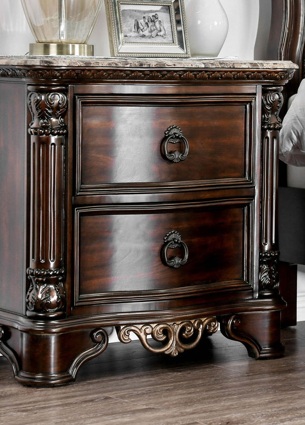 English Elm 1pc Nightstand Elegant Brown Cherry Solid Wood 2-Drawer Traditional Marble Top Felt-Lined Drawer B011135533