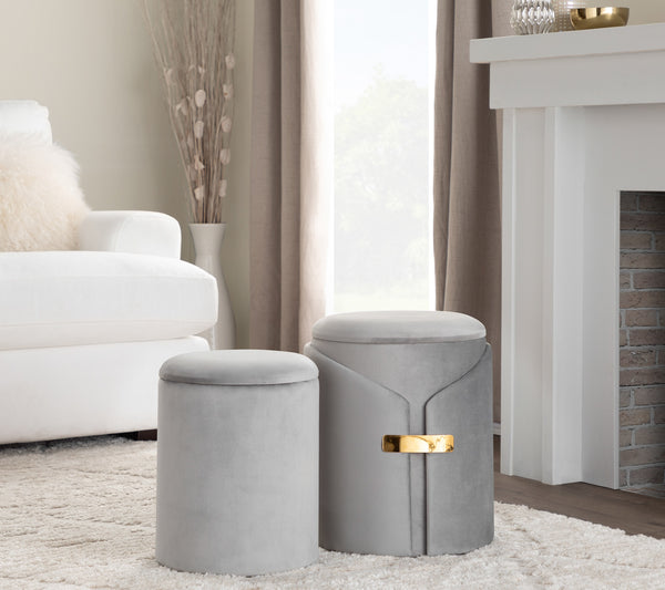English Elm Dahlia Velvet Nesting Ottoman Set with Gold Accent — Glam Contemporary Duo, Removable Lid, Stylish Upholstery Silver B116135788