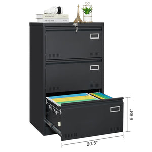English Elm Filing Cabinet Three Drawer Lateral Metal with Lock Matte Black Home Office Storage W1247118742