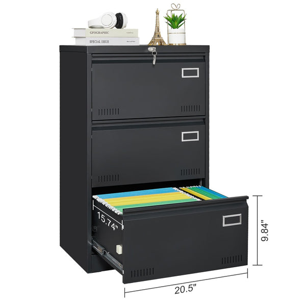 English Elm Filing Cabinet Three Drawer Lateral Metal with Lock Matte Black Home Office Storage W1247118742