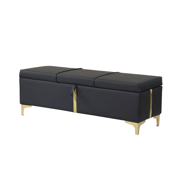 English Elm 2-Pieces Queen Upholstered Platform Bed with Hydraulic Lift and Spacious Storage Ottoman, Elegant Gold Trim Black 50 L x 16 W x 13 H N733S207778B