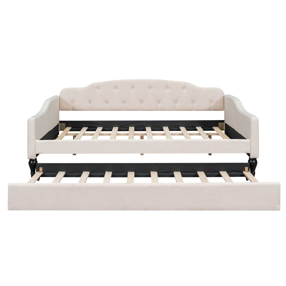 English Elm Full Full Size Upholstered Tufted Daybed with Twin Trundle, Beige Linen, Wingback Design, Durable Frame, Glamorous Accent Piece GX001327AAA