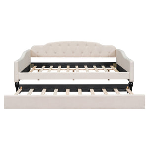 English Elm Full Full Size Upholstered Tufted Daybed with Twin Trundle, Beige Linen, Wingback Design, Durable Frame, Glamorous Accent Piece GX001327AAA