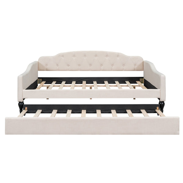 English Elm Full Full Size Upholstered Tufted Daybed with Twin Trundle, Beige Linen, Wingback Design, Durable Frame, Glamorous Accent Piece GX001327AAA
