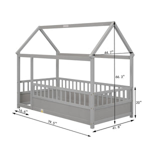 English Elm Twin House Frame Floor Bed with 20" High Fence, Solid Pine Roof, Spacious Entrance for Kids Safety Grey W1858123985