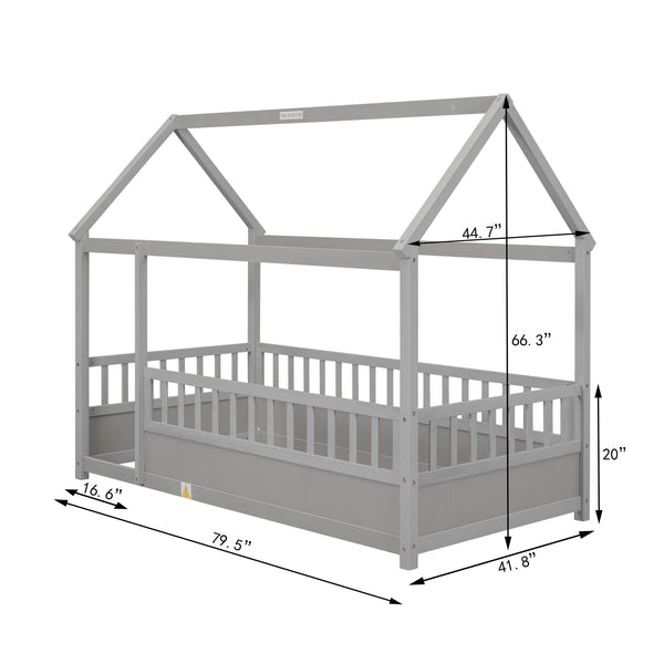 English Elm Twin House Frame Floor Bed with 20" High Fence, Solid Pine Roof, Spacious Entrance for Kids Safety Grey W1858123985