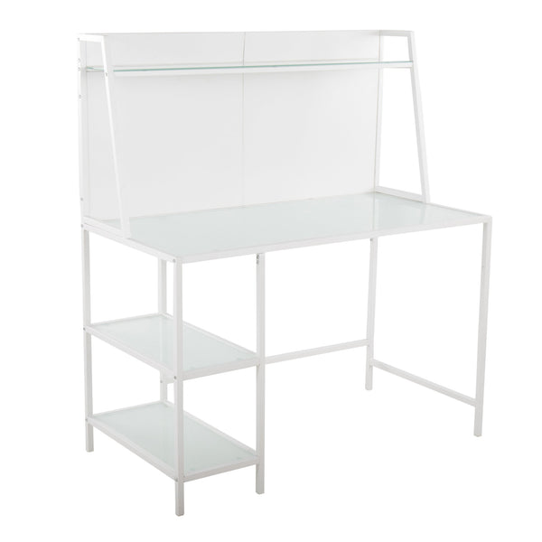English Elm Geo Geo Tier Contemporary Glass Desk with Metal Frame and Storage Shelves for Modern Home Office White B116135771