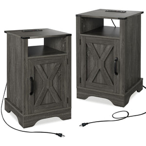 English Elm Farmhouse Rustic Nightstand Set of 2 with Built-in Charging Station and Open Display Shelf Dark Grey B082134937